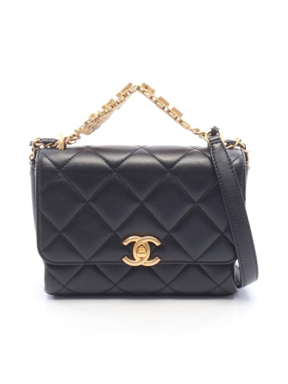 Chanel Shoulder Bag Quilted Top Handle Black Leather 2-Way Chain